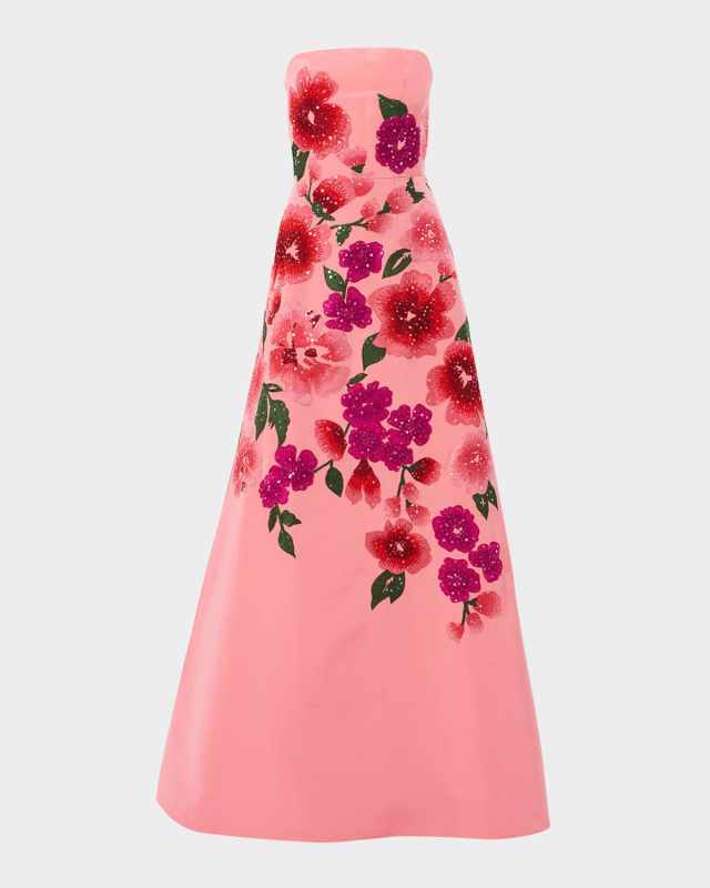 Sequined Floral Embroidered Strapless Gown